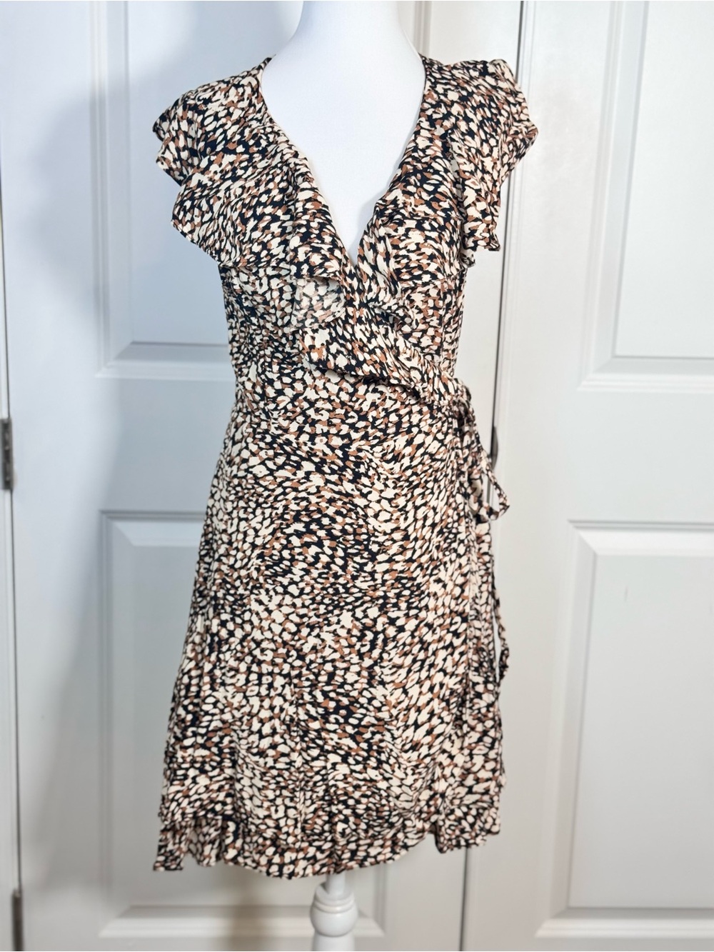 Free People French Quarter Wrap Mini Dress L Jet Combo Animal Print Ruffle Flowy
